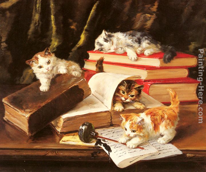 Kittens Playing on a Desk painting - Alfred Brunel de Neuville Kittens Playing on a Desk art painting